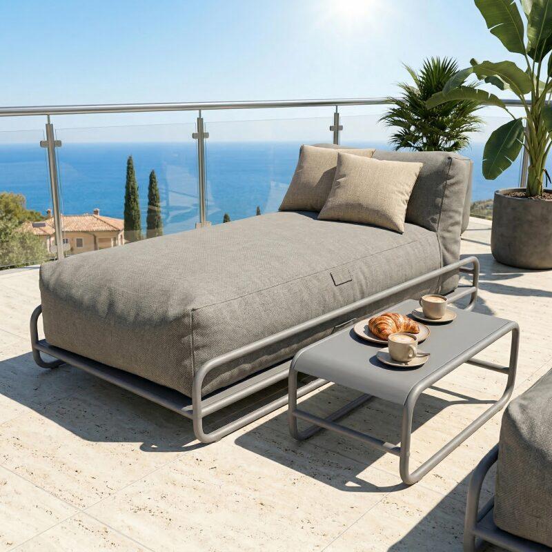 Salon de jardin modulable 2 places avec structure, 2 méridiennes et table basse (4/7)