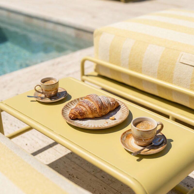 Salon de jardin modulable 2 places avec structure, 2 méridiennes rayées et table basse (3/7)