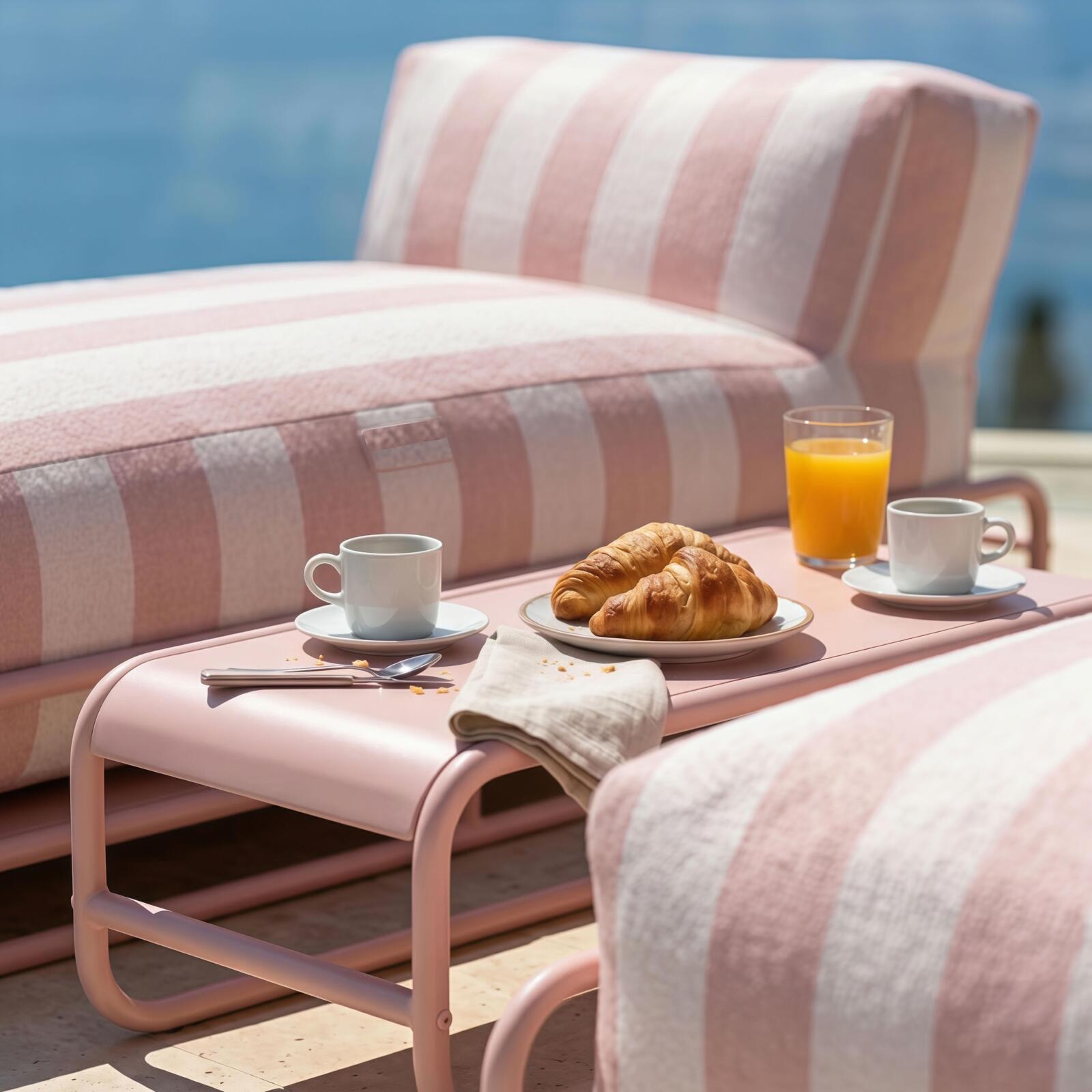 Salon de jardin modulable 2 places avec structure, 2 méridiennes rayées et table basse