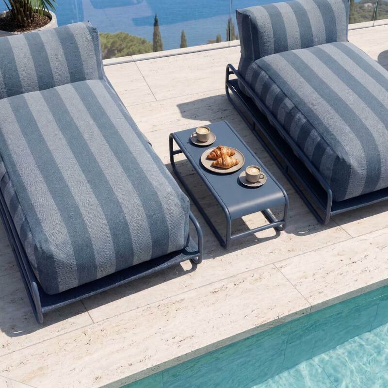 Salon de jardin modulable 2 places avec structure, 2 méridiennes rayées et table basse (2/7)