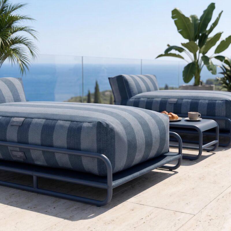 Salon de jardin modulable 2 places avec structure, 2 méridiennes rayées et table basse (4/7)