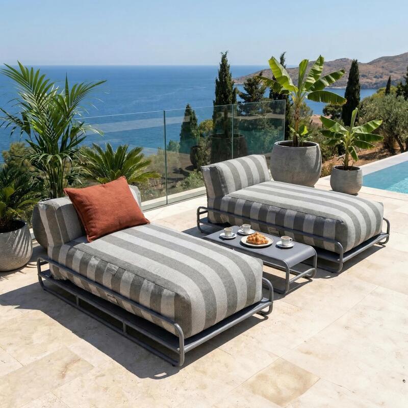 Salon de jardin modulable 2 places avec structure, 2 méridiennes rayées et table basse