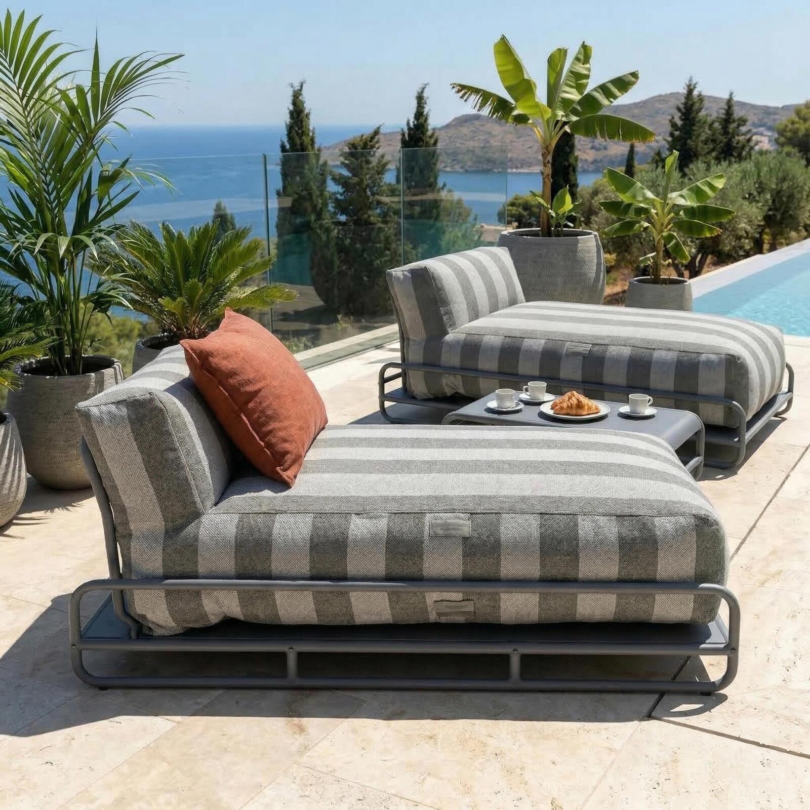Salon de jardin modulable 2 places avec structure, 2 méridiennes rayées et table basse