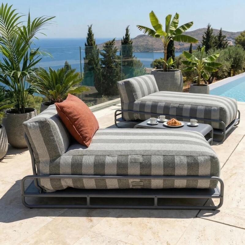 Salon de jardin modulable 2 places avec structure, 2 méridiennes rayées et table basse (4/7)