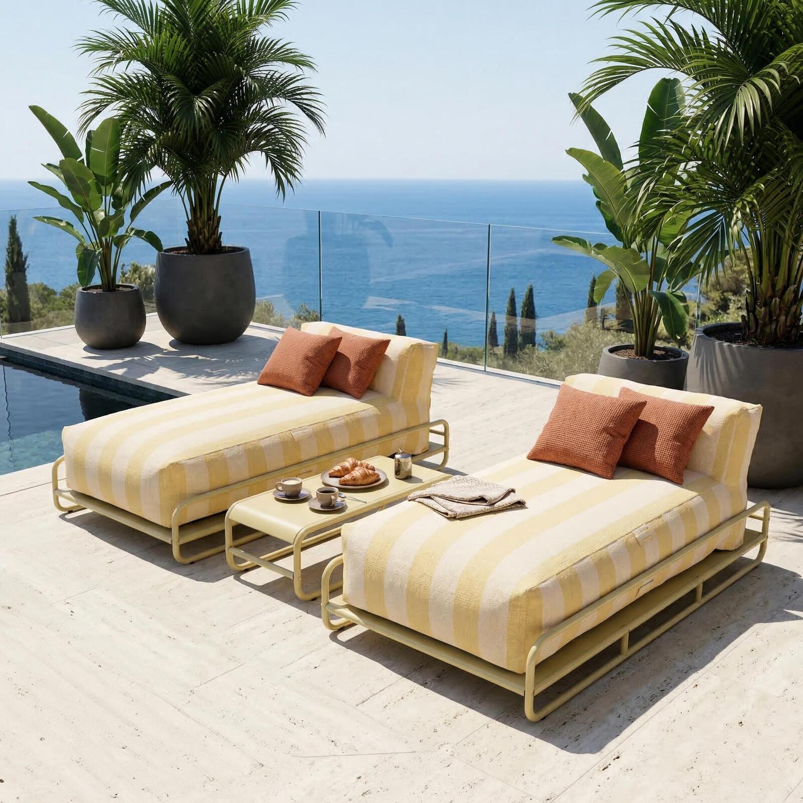 Salon de jardin modulable 2 places avec structure, 2 méridiennes rayées et table basse