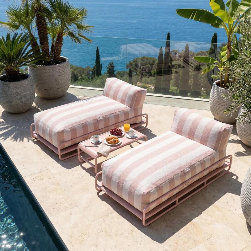 Salon de jardin modulable 2 places avec structure, 2 méridiennes rayées et table basse