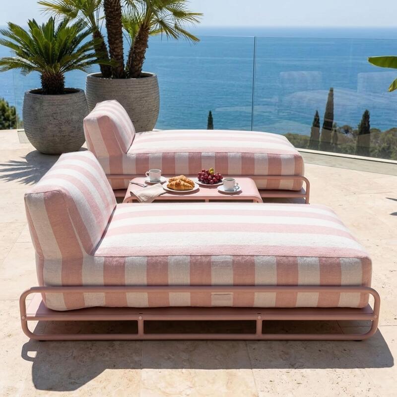 Salon de jardin modulable 2 places avec structure, 2 méridiennes rayées et table basse (4/7)