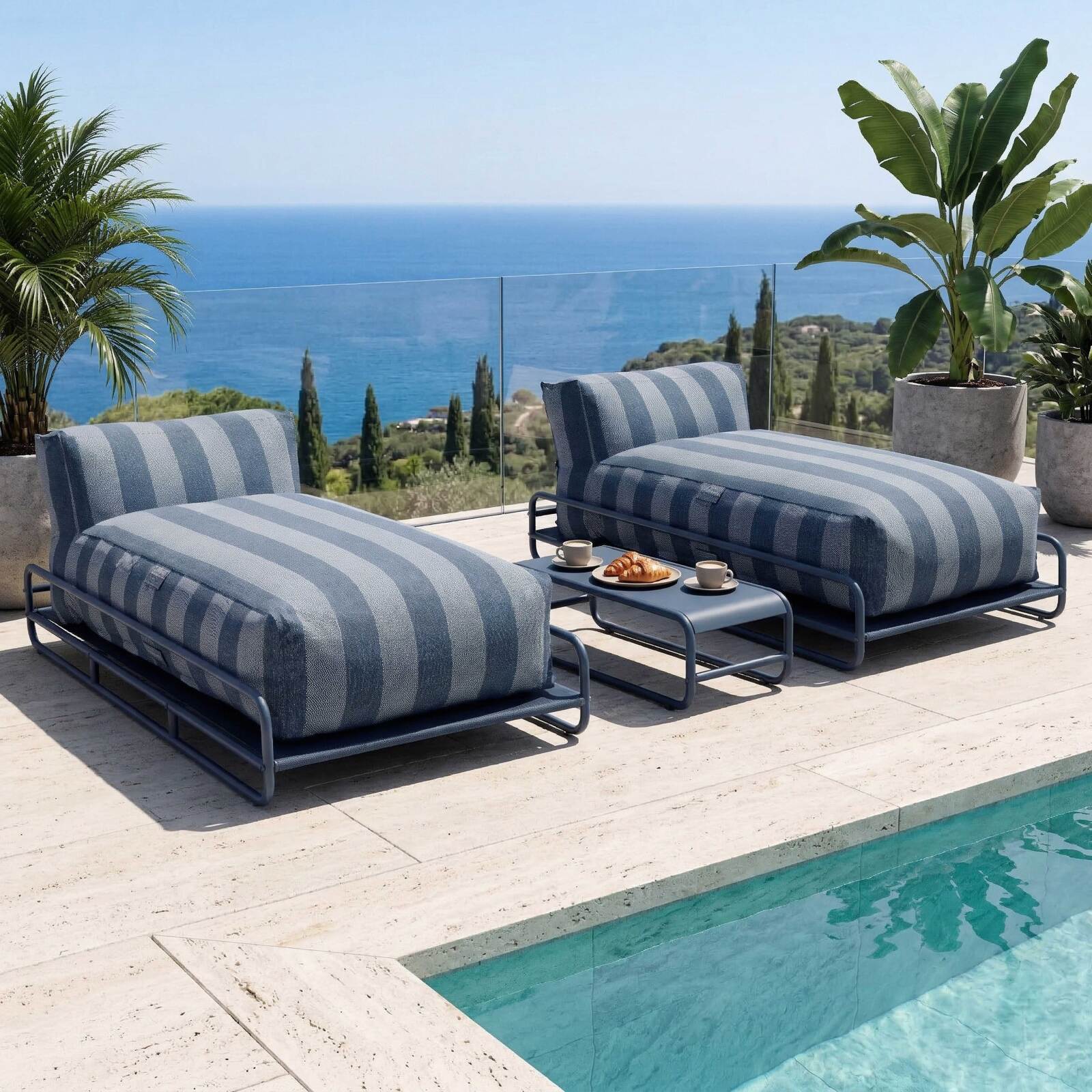 Salon de jardin modulable 2 places avec structure, 2 méridiennes rayées et table basse