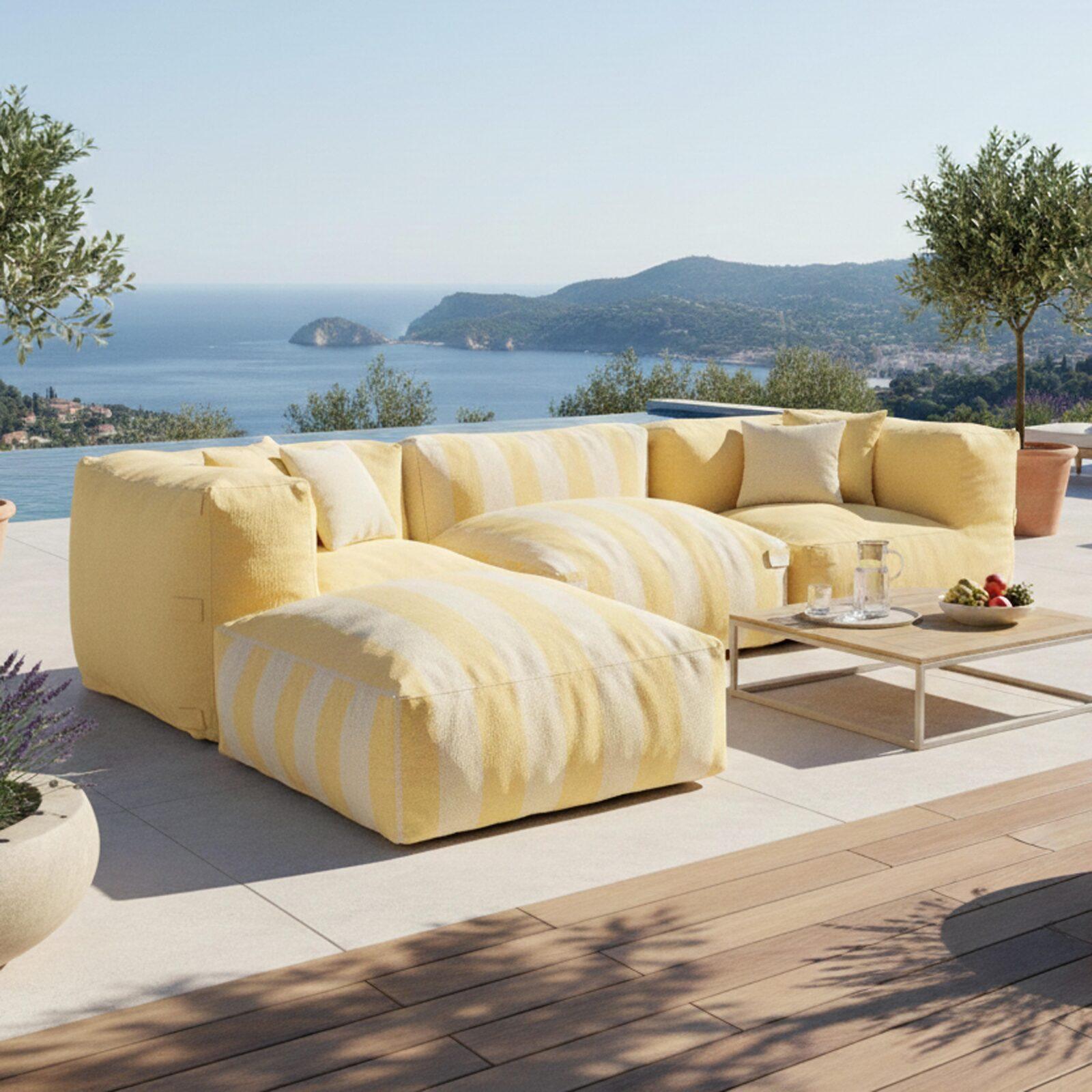 Salon de jardin modulable rayé 4 places avec 1 chauffeuse, 2 fauteuils d'angle et 1 pouf