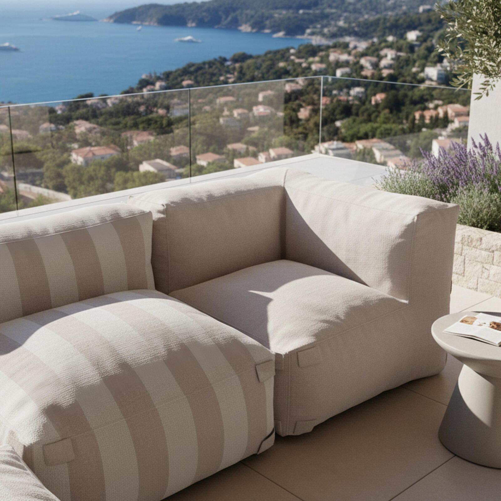 Salon de jardin modulable rayé 4 places avec 1 chauffeuse, 2 fauteuils d'angle et 1 pouf