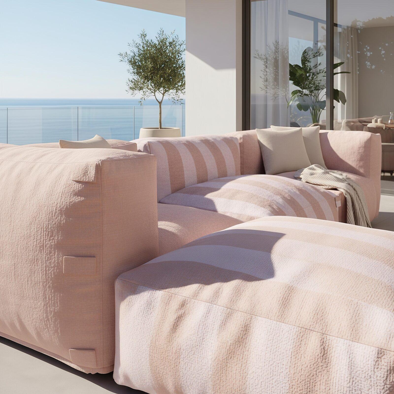 Salon de jardin modulable rayé 4 places avec 1 chauffeuse, 2 fauteuils d'angle et 1 pouf