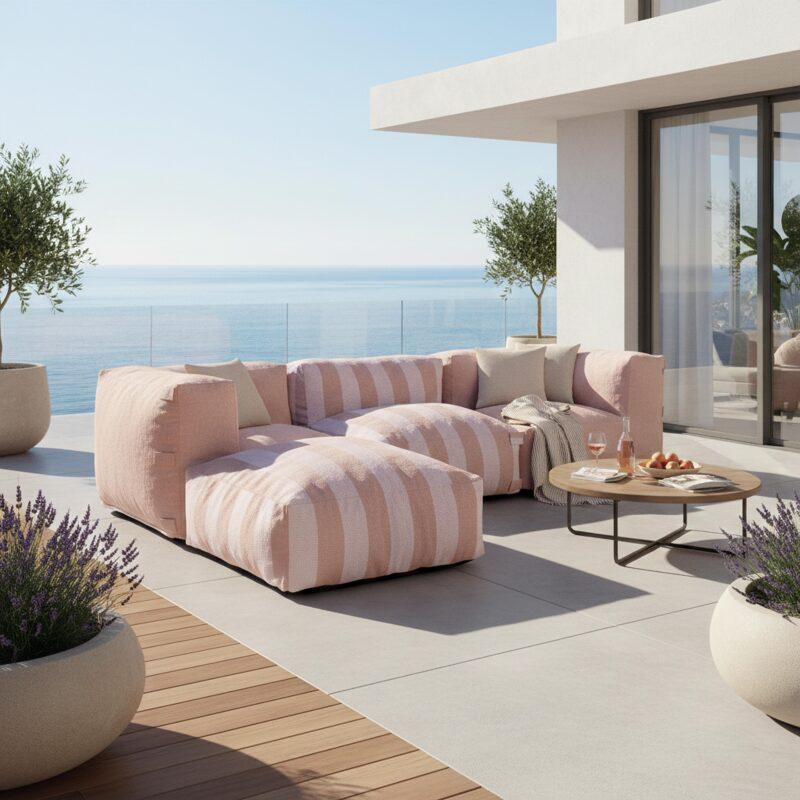Salon de jardin modulable rayé 4 places avec 1 chauffeuse, 2 fauteuils d'angle et 1 pouf