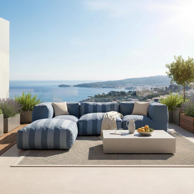 Salon de jardin modulable rayé 4 places avec 1 chauffeuse, 2 fauteuils d'angle et 1 pouf
