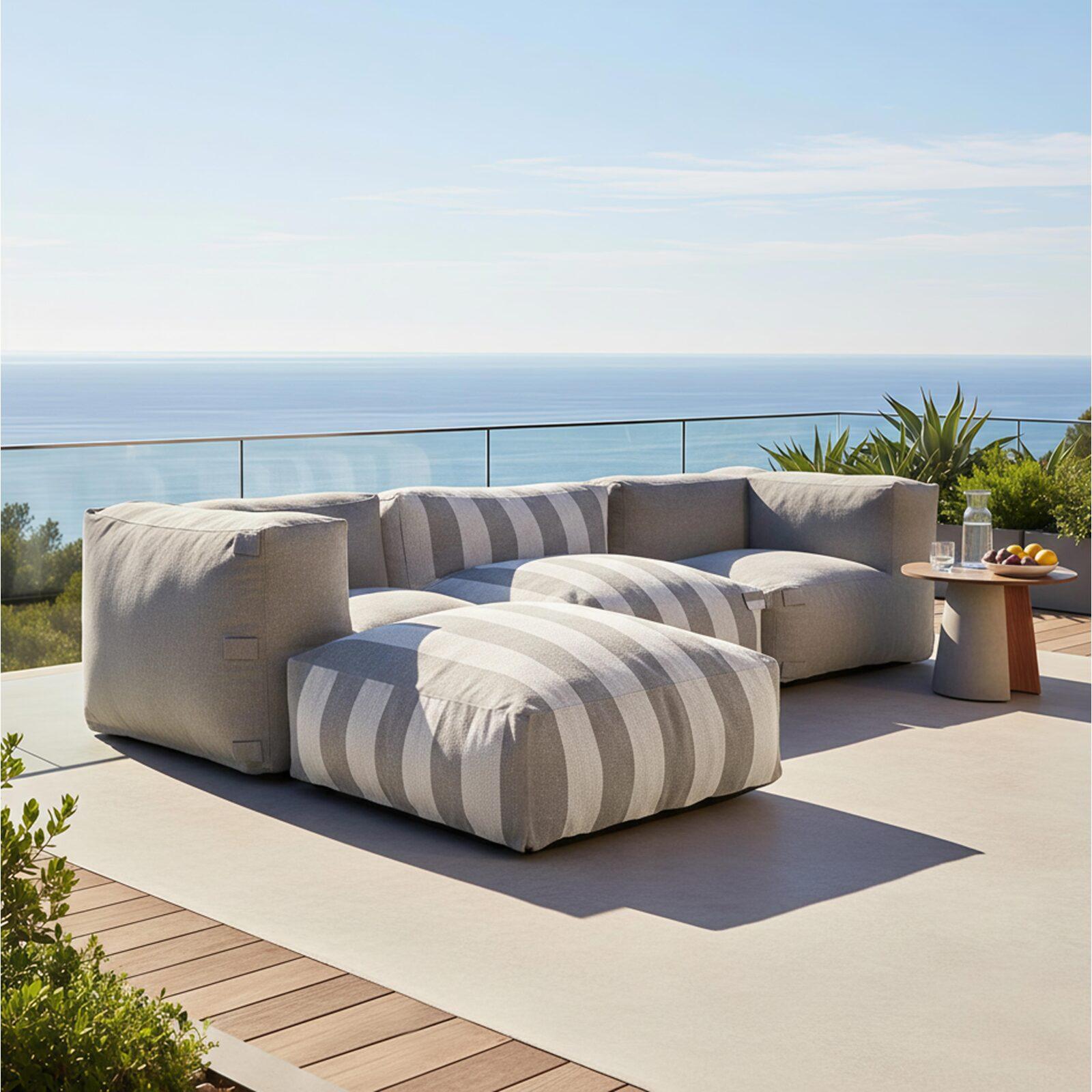 Salon de jardin modulable rayé 4 places avec 1 chauffeuse, 2 fauteuils d'angle et 1 pouf