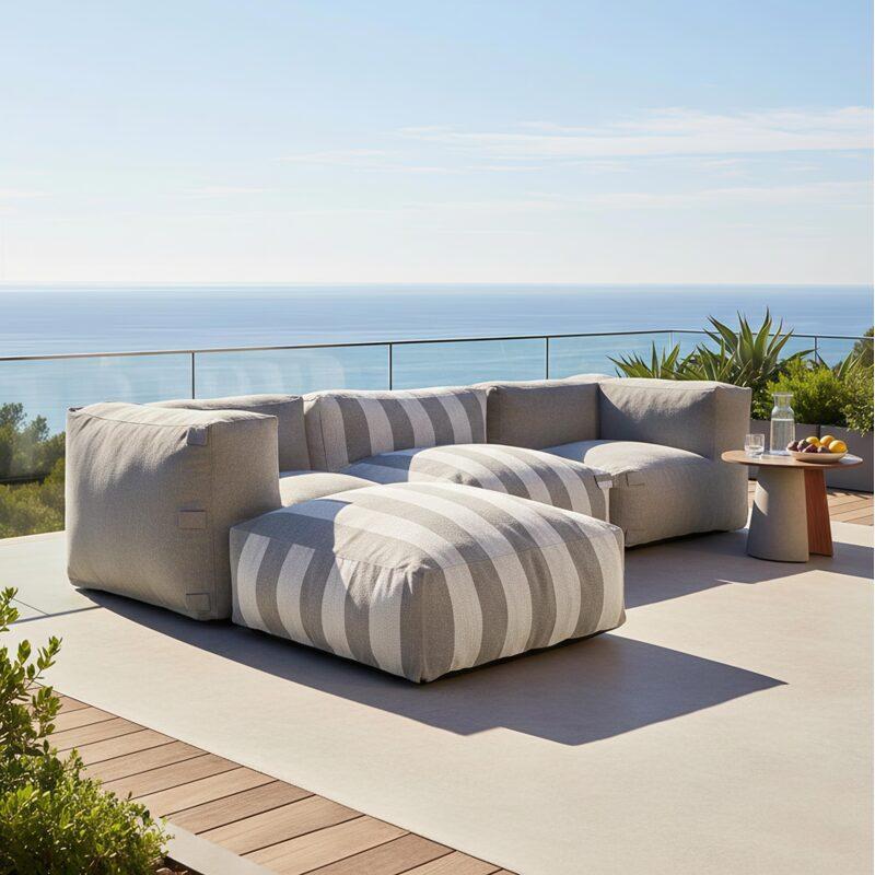 Salon de jardin modulable rayé 4 places avec 1 chauffeuse, 2 fauteuils d'angle et 1 pouf