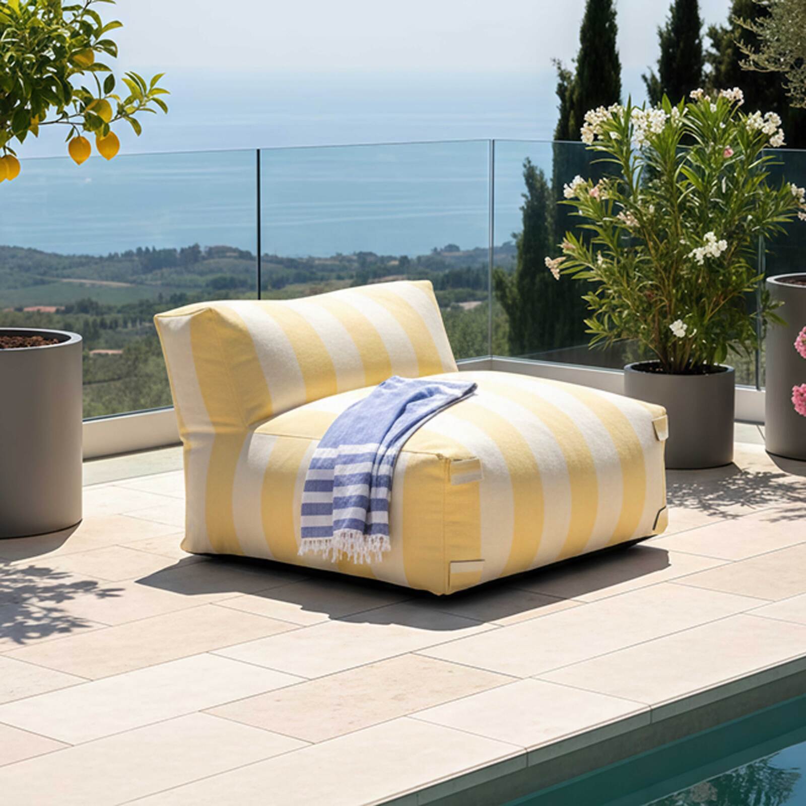 Salon de jardin modulable rayé 4 places avec 1 chauffeuse, 2 fauteuils d'angle et 1 pouf
