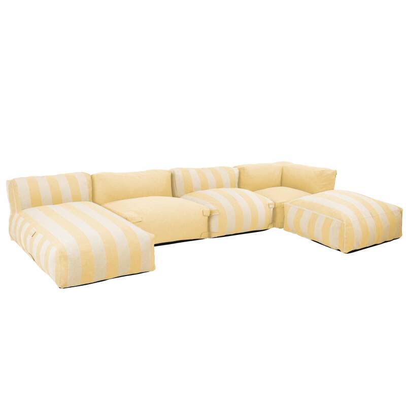 Salon de jardin modulable rayé 5 places avec 2 chauffeuses, 1 fauteuil d'angle, 1 méridienne et 1 pouf