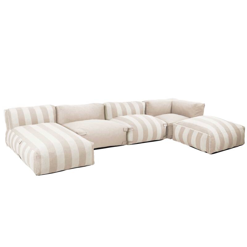 Salon de jardin modulable rayé 5 places avec 2 chauffeuses, 1 fauteuil d'angle, 1 méridienne et 1 pouf