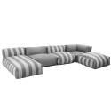 Salon de jardin modulable rayé 5 places avec 2 chauffeuses, 1 fauteuil d'angle, 1 méridienne et 1 pouf