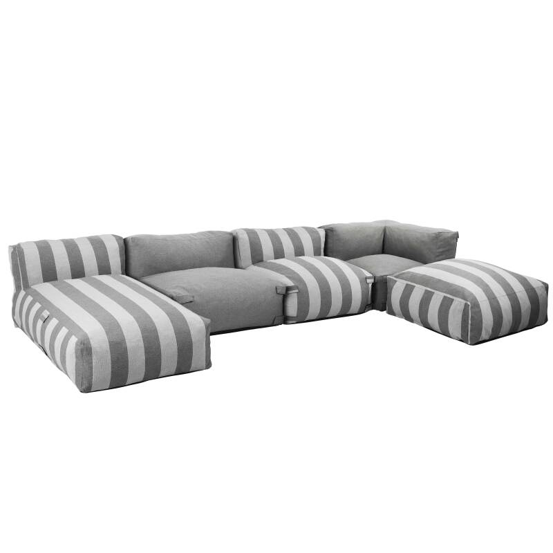 Salon de jardin modulable rayé 5 places avec 2 chauffeuses, 1 fauteuil d'angle, 1 méridienne et 1 pouf