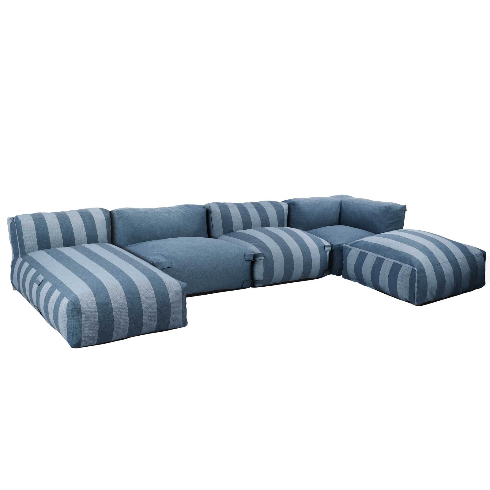 Salon de jardin modulable rayé 5 places avec 2 chauffeuses, 1 fauteuil d'angle, 1 méridienne et 1 pouf