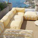 Salon de jardin modulable rayé 5 places avec 2 chauffeuses, 1 fauteuil d'angle, 1 méridienne et 1 pouf