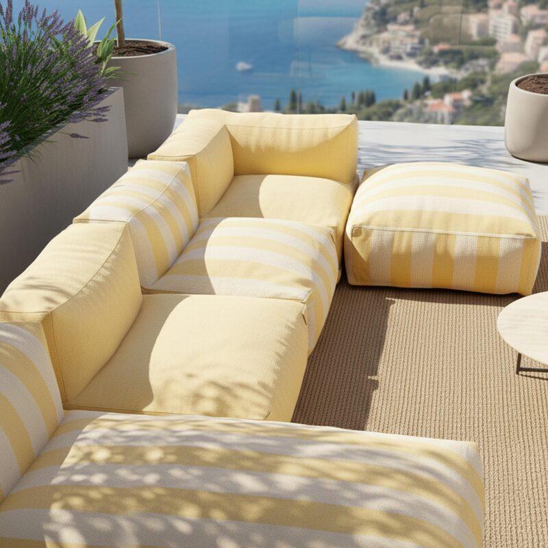 Salon de jardin modulable rayé 5 places avec 2 chauffeuses, 1 fauteuil d'angle, 1 méridienne et 1 pouf (2/7)