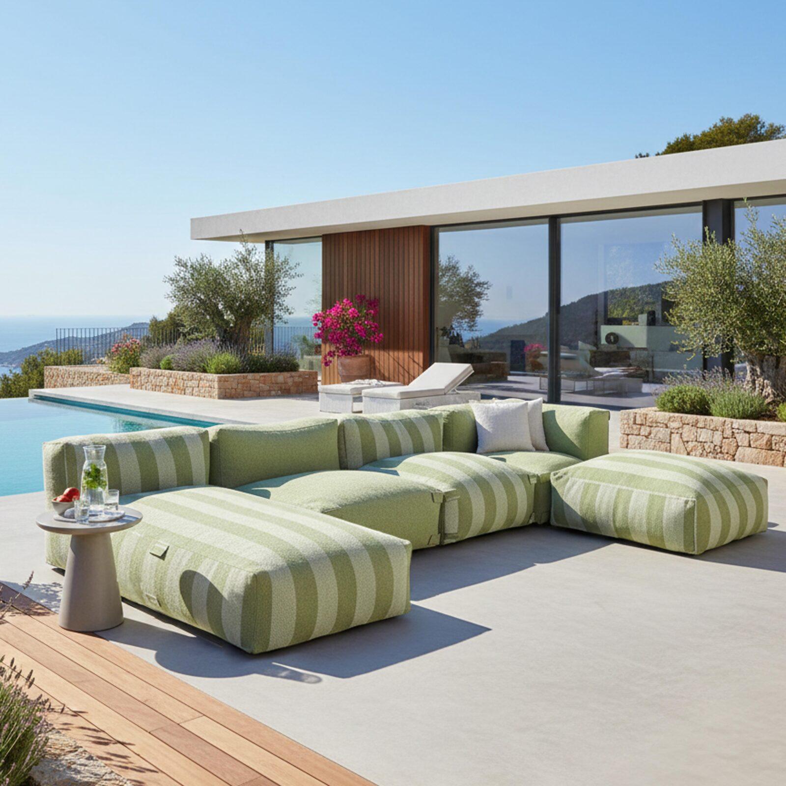 Salon de jardin modulable rayé 5 places avec 2 chauffeuses, 1 fauteuil d'angle, 1 méridienne et 1 pouf