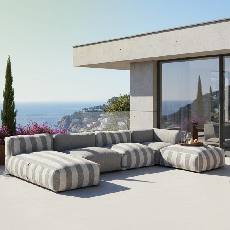 Salon de jardin modulable rayé 5 places avec 2 chauffeuses, 1 fauteuil d'angle, 1 méridienne et 1 pouf