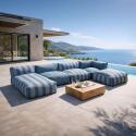 Salon de jardin modulable rayé 5 places avec 2 chauffeuses, 1 fauteuil d'angle, 1 méridienne et 1 pouf