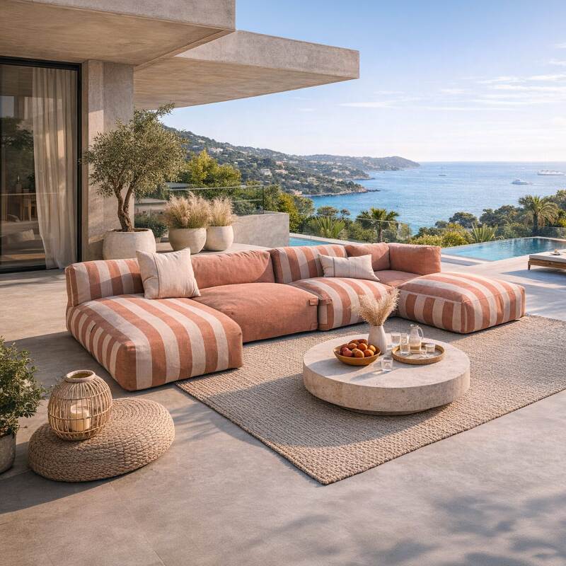 Salon de jardin modulable rayé 5 places avec 2 chauffeuses, 1 fauteuil d'angle, 1 méridienne et 1 pouf