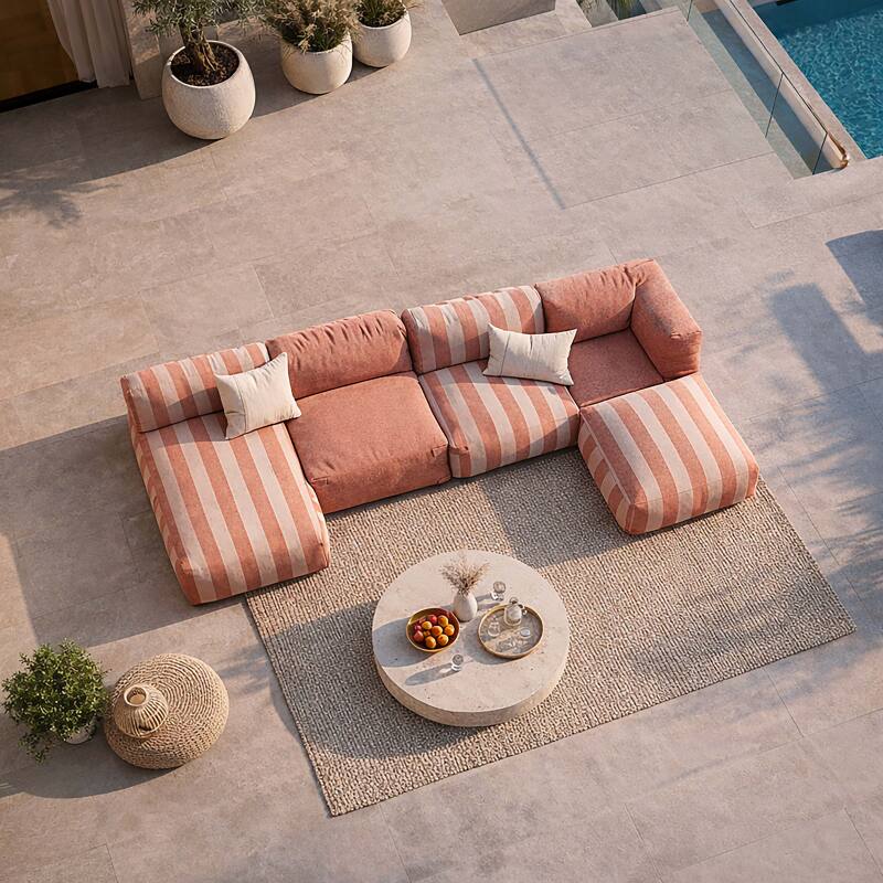 Salon de jardin modulable rayé 5 places avec 2 chauffeuses, 1 fauteuil d'angle, 1 méridienne et 1 pouf (2/7)