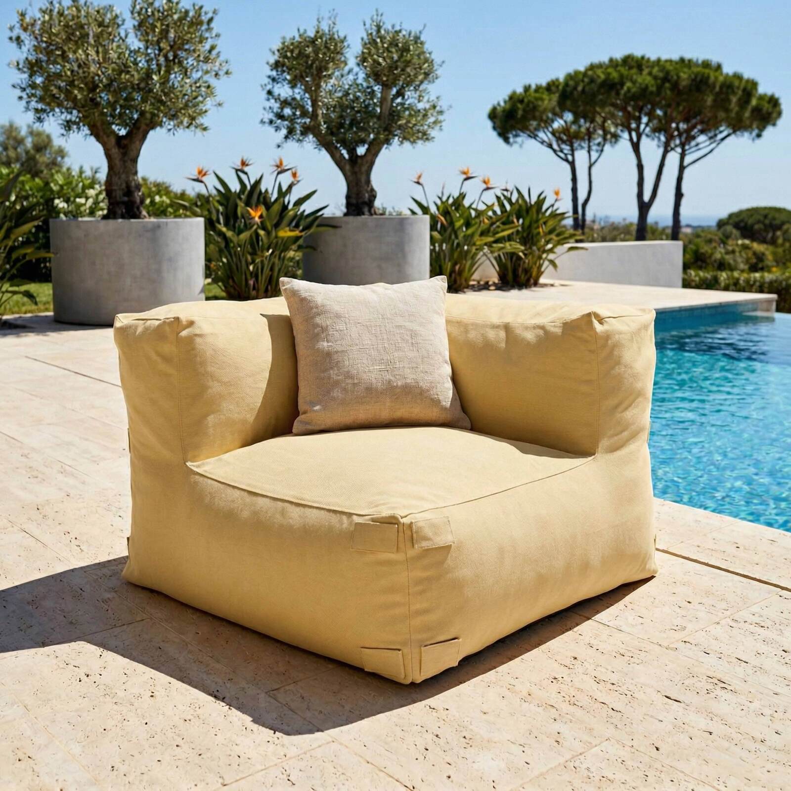 Salon de jardin modulable rayé 5 places avec 2 chauffeuses, 1 fauteuil d'angle, 1 méridienne et 1 pouf