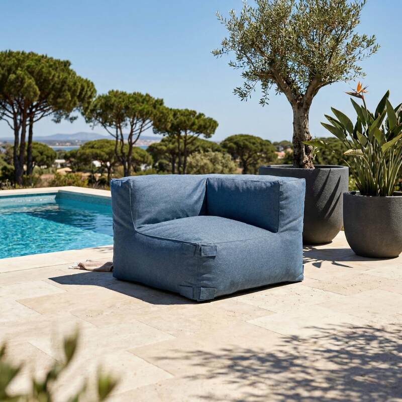 Salon de jardin modulable rayé 5 places avec 2 chauffeuses, 1 fauteuil d'angle, 1 méridienne et 1 pouf (5/8)