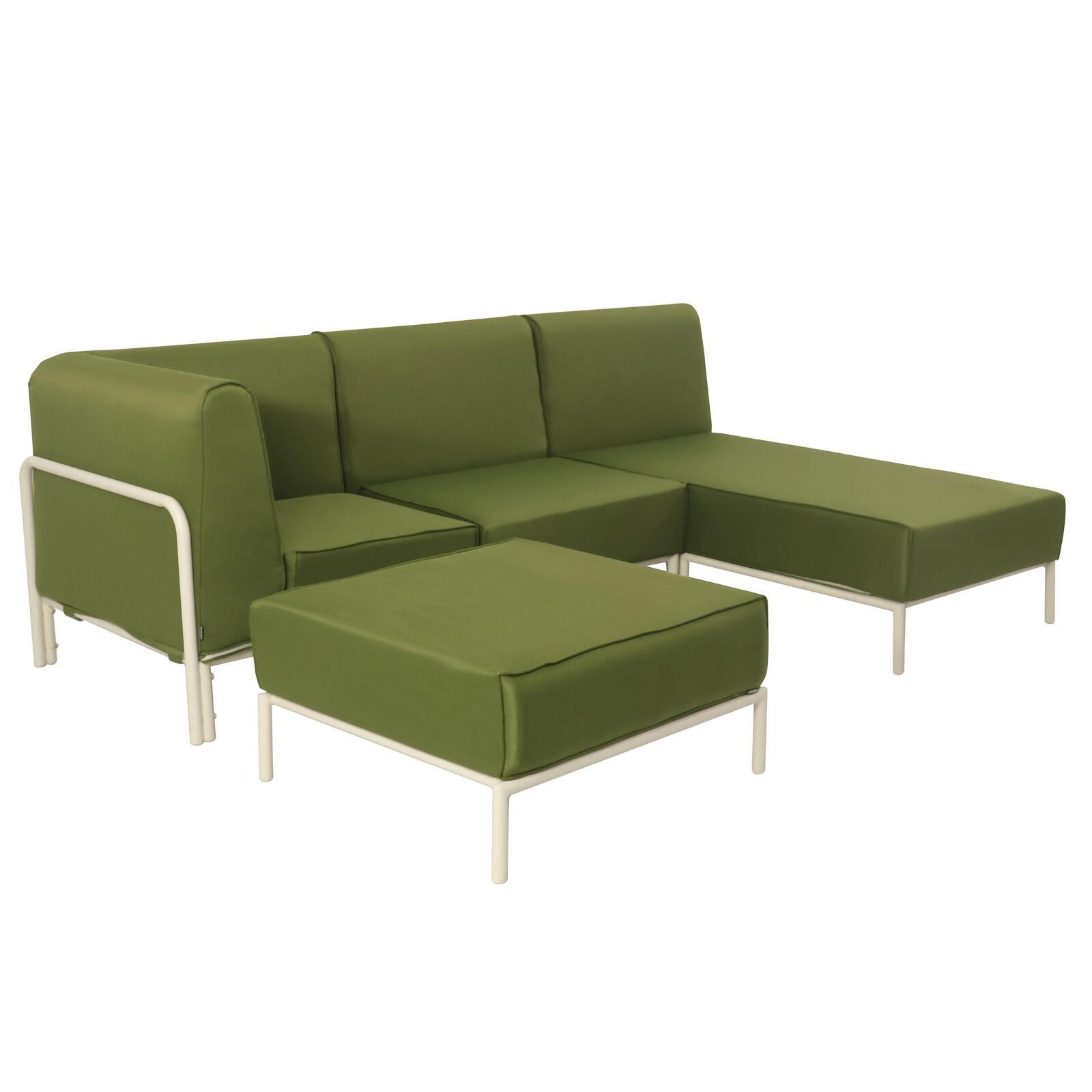 Salon de jardin modulable 4 places avec 1 chauffeuse, 1 fauteuil d'angle, 1 méridienne et 1 pouf