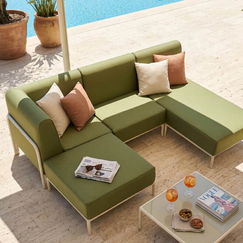Salon de jardin modulable 4 places avec 1 chauffeuse, 1 fauteuil d'angle, 1 méridienne et 1 pouf (2/7)