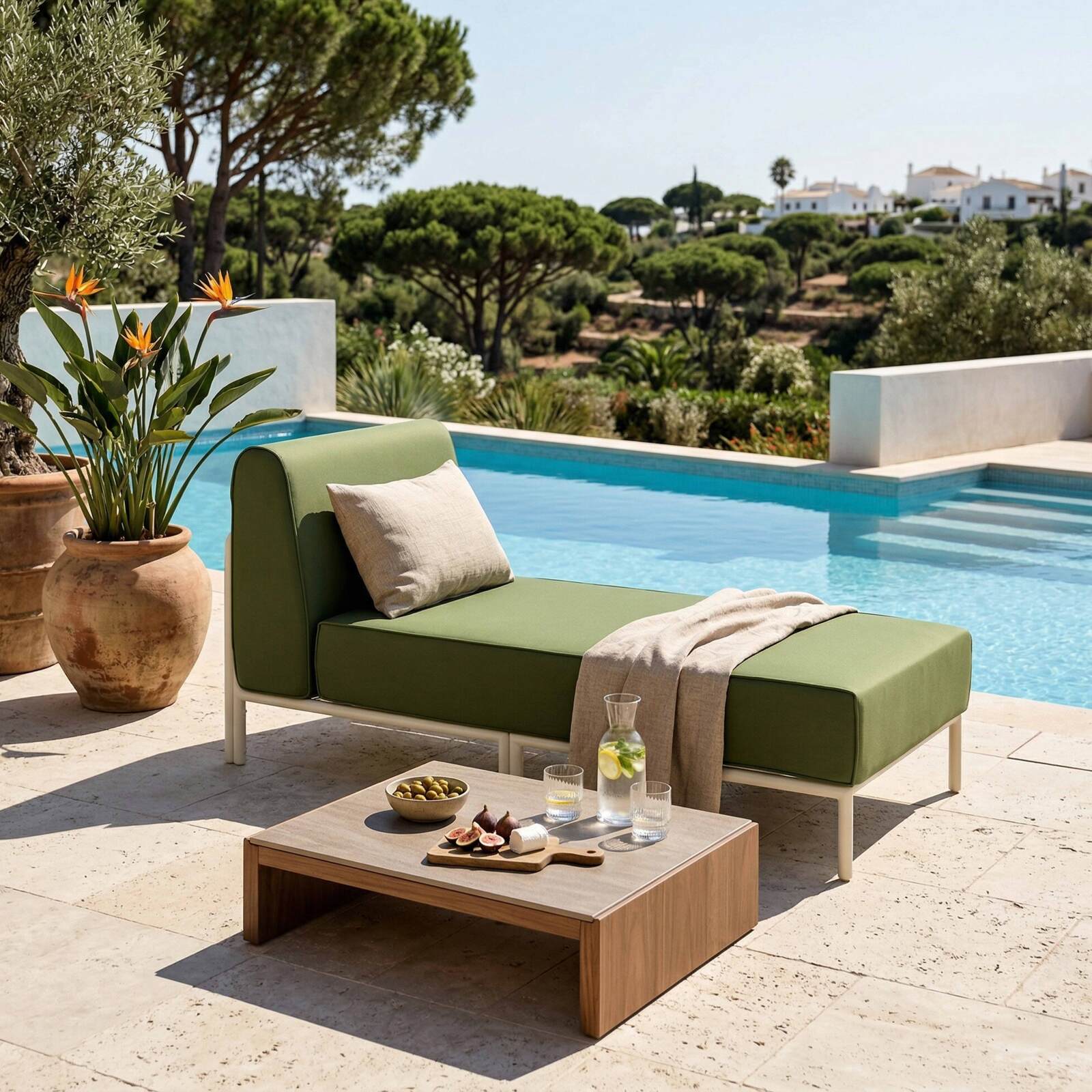 Salon de jardin modulable 4 places avec 1 chauffeuse, 1 fauteuil d'angle, 1 méridienne et 1 pouf
