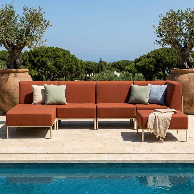 Salon de jardin modulable 5 places avec 2 chauffeuses, 1 fauteuil d'angle, 1 méridienne et 1 pouf (2/7)