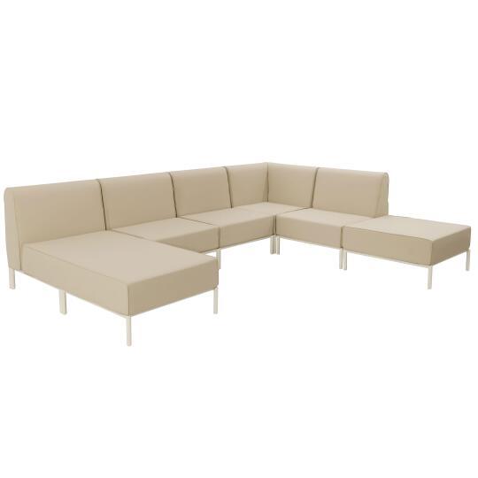 Salon de jardin modulable 6 places en aluminium avec 3 chauffeuses, 1 fauteuil d'angle, 1 méridienne et 1 pouf | Oviala