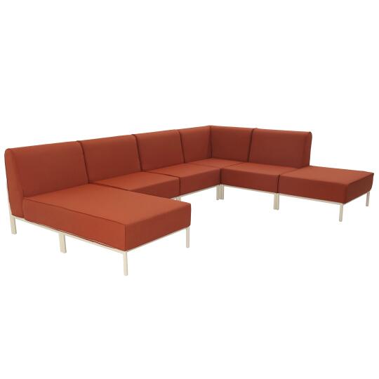 Salon de jardin modulable 6 places en aluminium avec 3 chauffeuses, 1 fauteuil d'angle, 1 méridienne et 1 pouf | Oviala