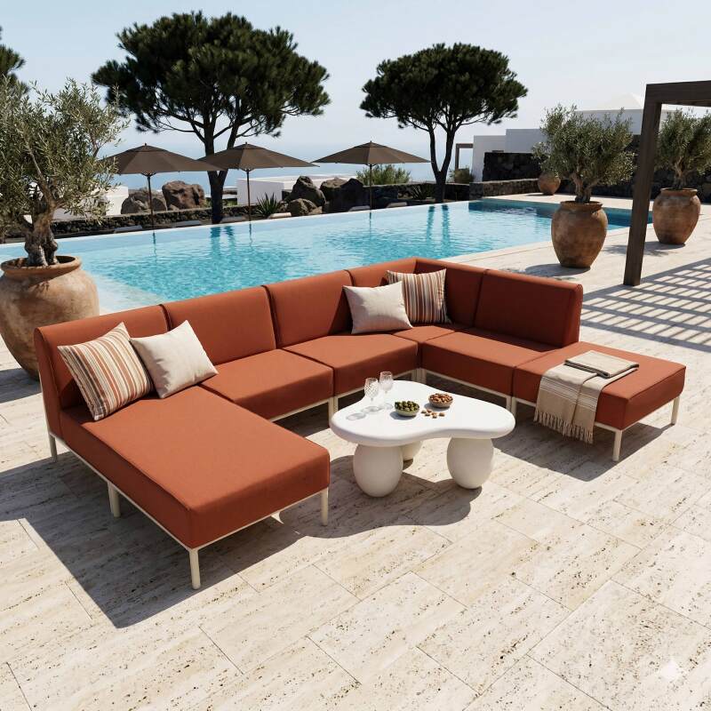 Salon de jardin modulable 6 places avec 3 chauffeuses, 1 fauteuil d'angle, 1 méridienne et 1 pouf