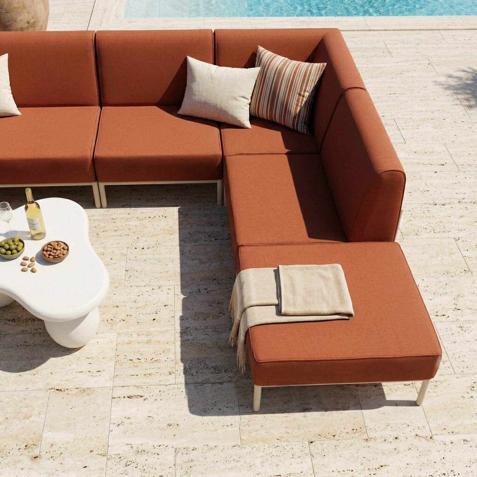 Salon de jardin modulable 6 places avec 3 chauffeuses, 1 fauteuil d'angle, 1 méridienne et 1 pouf