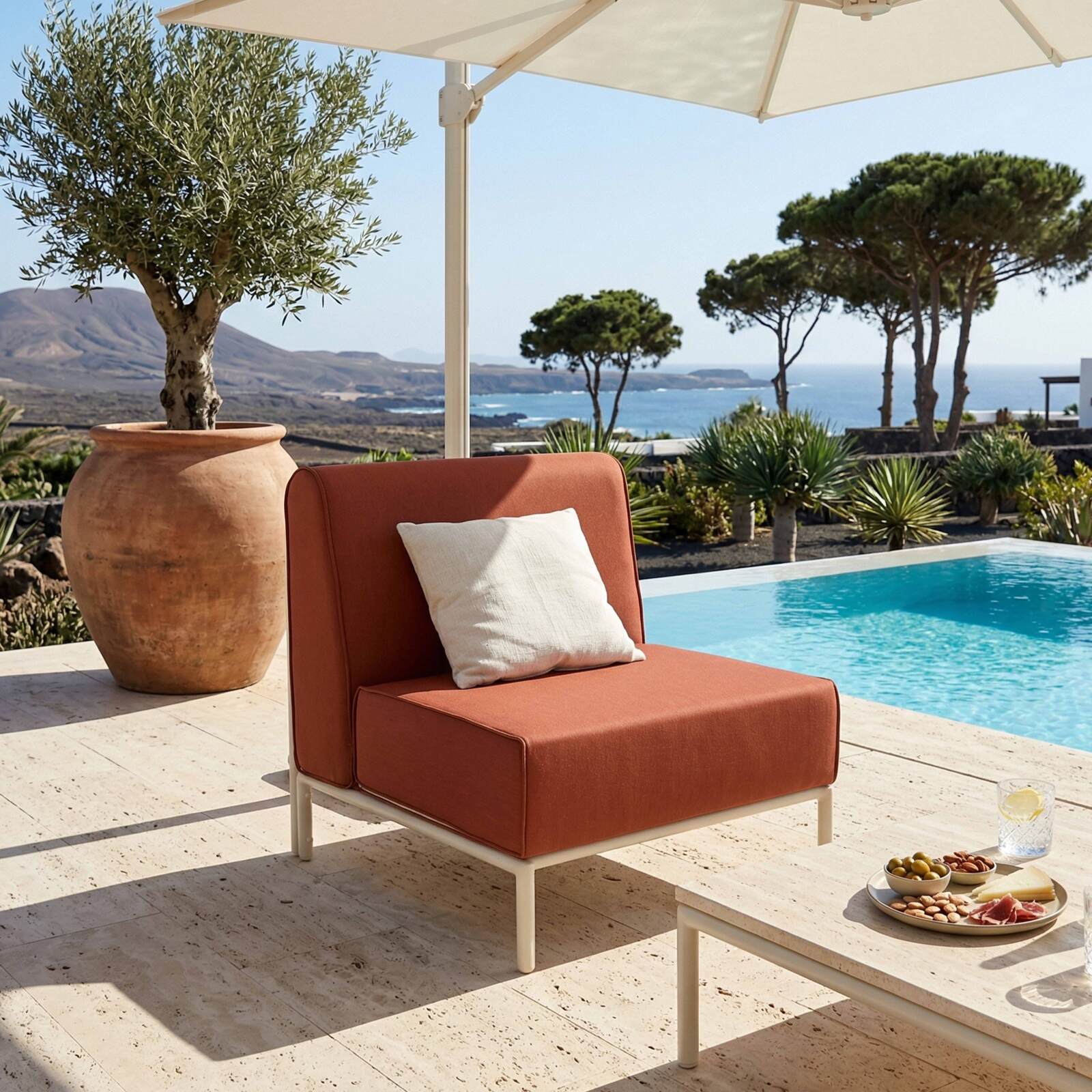 Salon de jardin modulable 6 places avec 3 chauffeuses, 1 fauteuil d'angle, 1 méridienne et 1 pouf