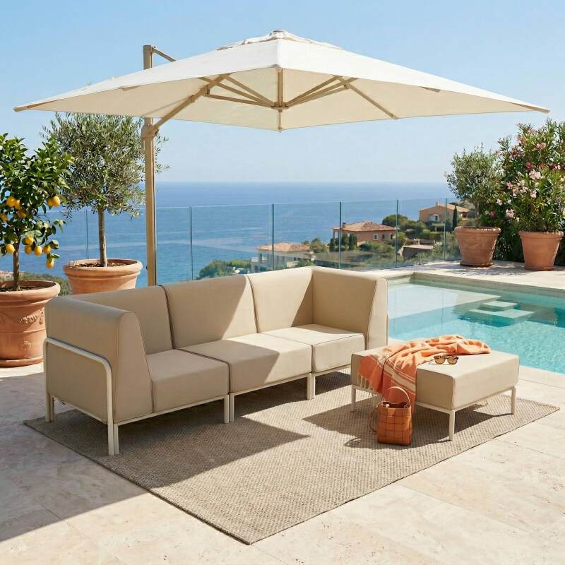 Salon de jardin modulable 4 places avec 1 chauffeuse, 2 fauteuils d'angle et 1 pouf