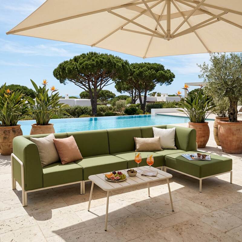 Salon de jardin modulable 5 places avec 2 chauffeuses, 2 fauteuils d'angle et 1 pouf