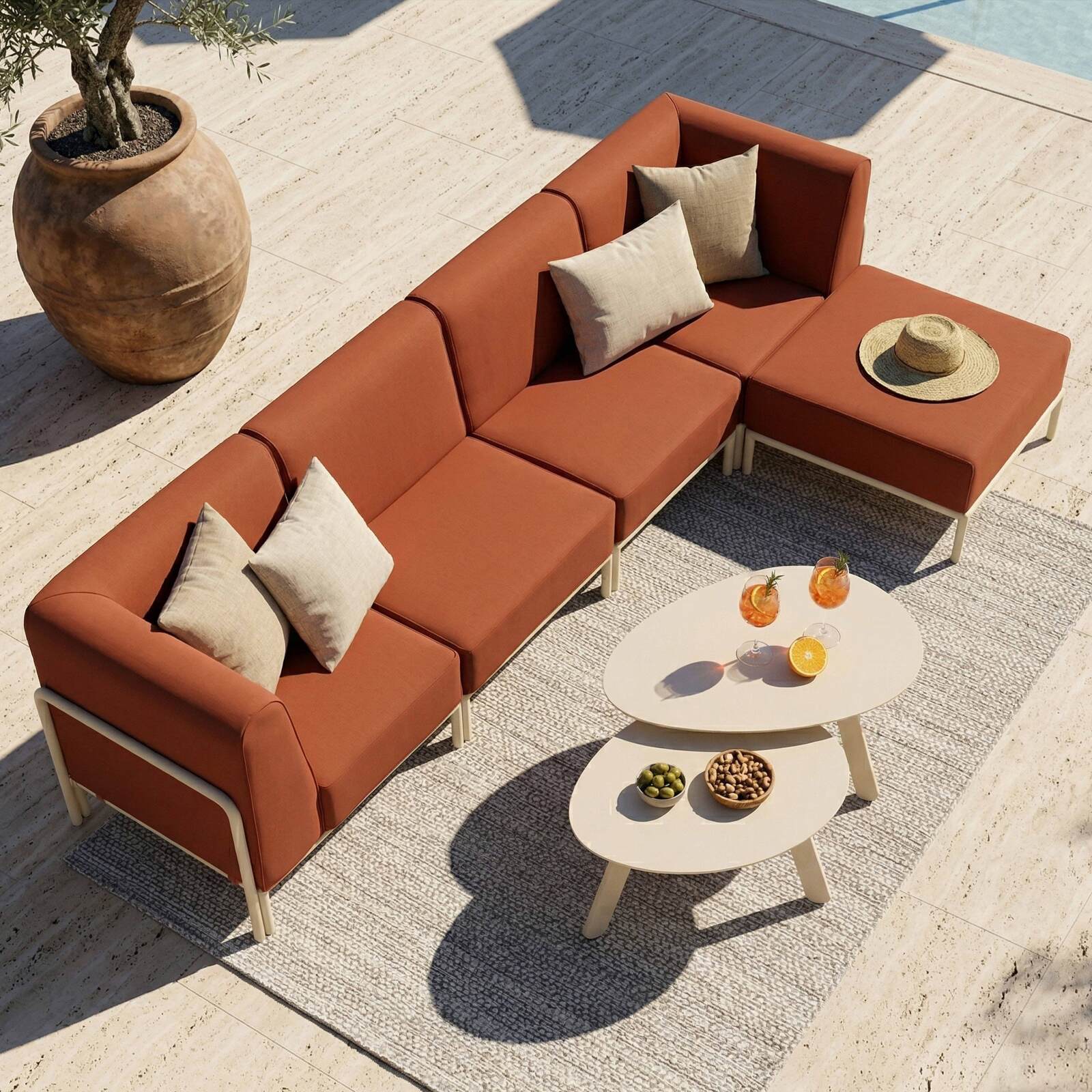 Salon de jardin modulable 5 places avec 2 chauffeuses, 2 fauteuils d'angle et 1 pouf