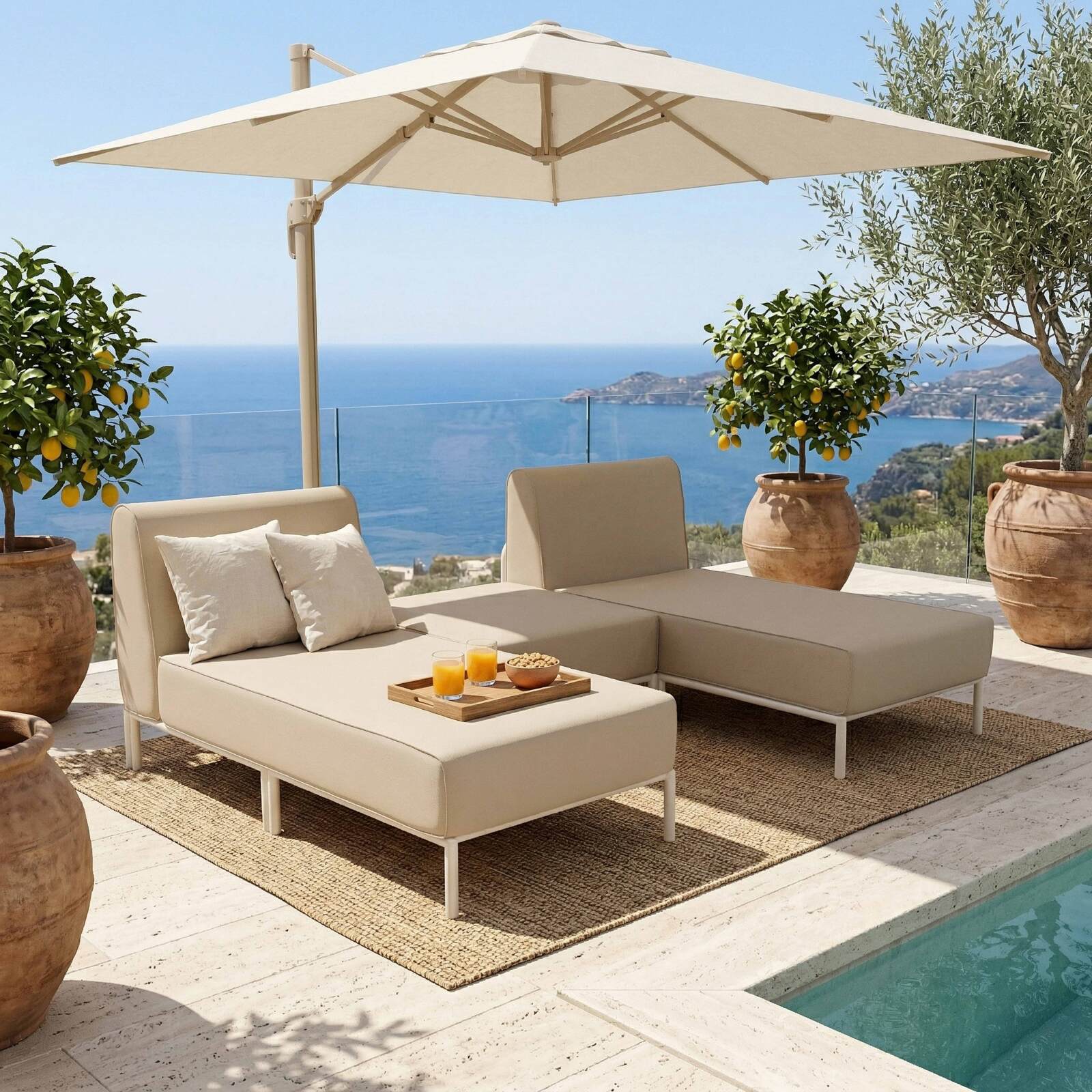 Salon de jardin modulable 3 places avec 2 méridiennes et 1 pouf