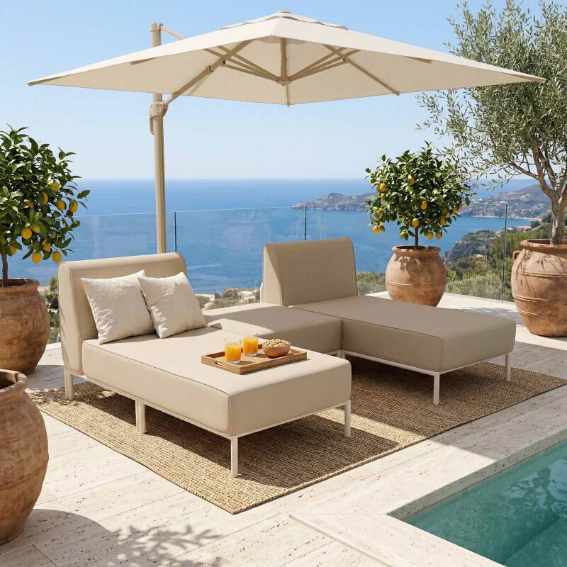 Salon de jardin modulable 3 places avec 2 méridiennes et 1 pouf