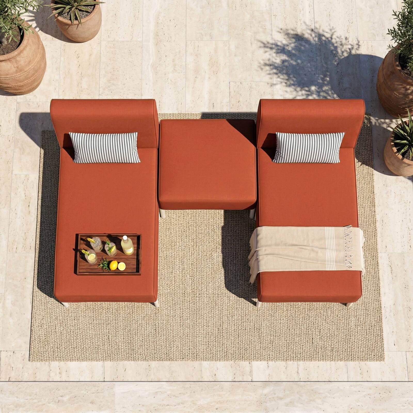 Salon de jardin modulable 3 places avec 2 méridiennes et 1 pouf