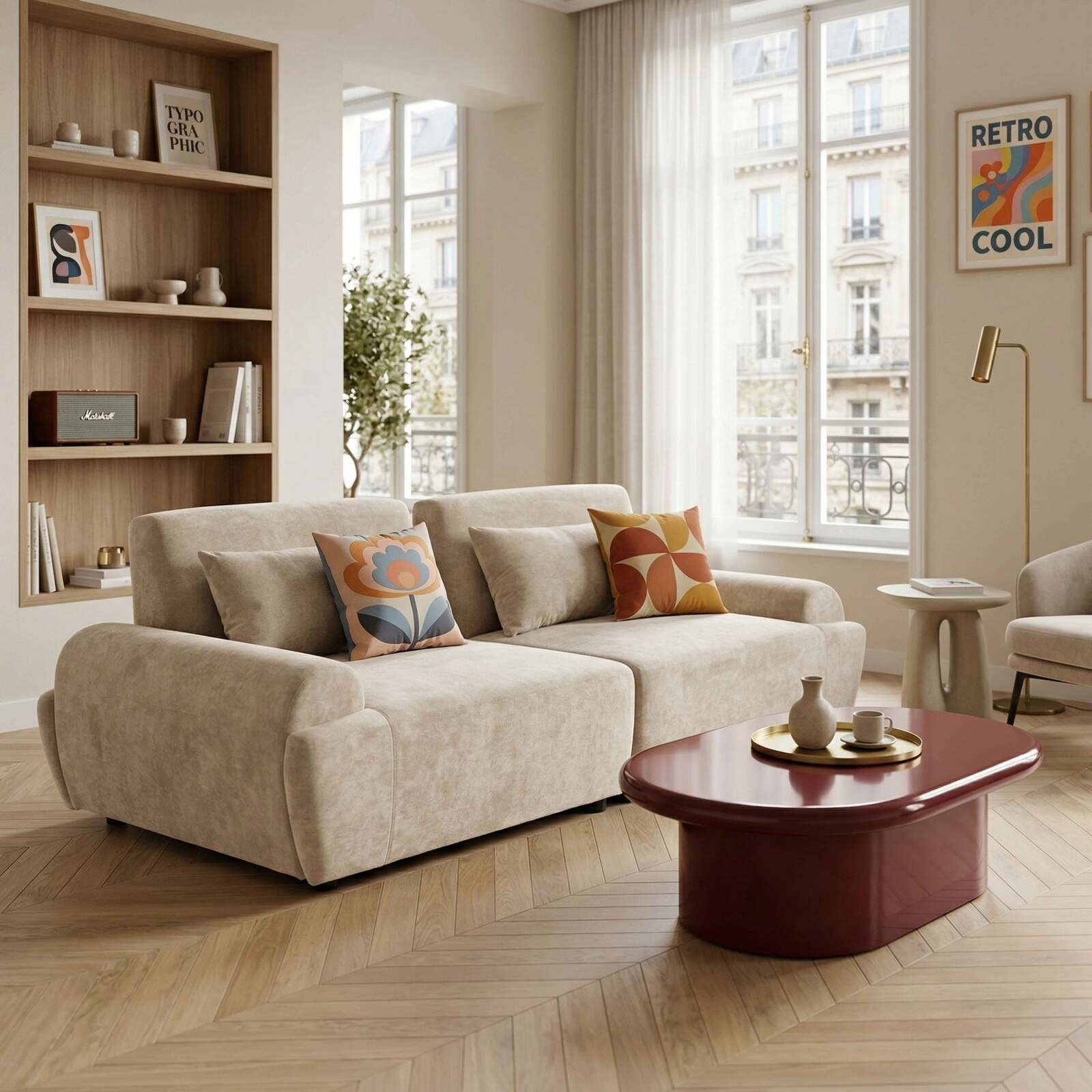 Canapé modulable 2 places en tissu avec coussins